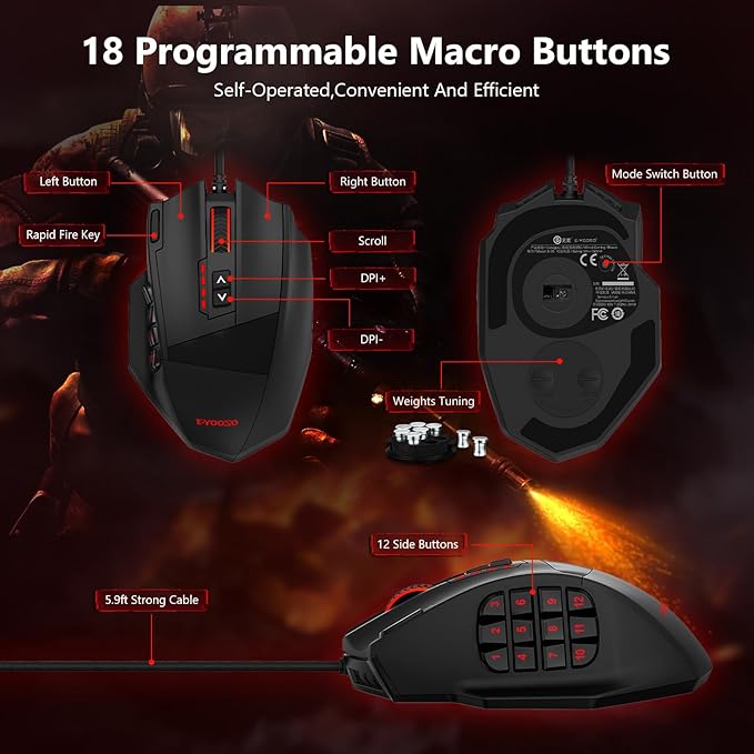 Premium Wired MMO Gaming Mouse For MOBA/FPS/RPG16400 DPIRapid Fire One-Button Triple Shot5.9FT Cable5 RGB Backlit18 Programmable Side Buttons 8 x 2.4g Weight TuningFor PC Computer/Desktop