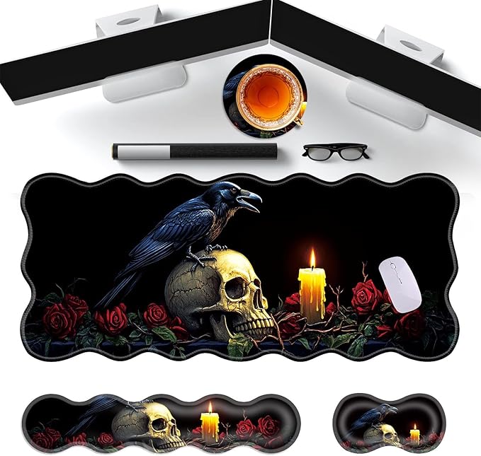 Large Gaming Mouse Pad Keyboard Wrist Rest Pad &amp Wrist Support Mousepad Set Stitched Edge Extended Non-Slip Base Memory Foam Desk Mat for Office HomeRaven on Skull