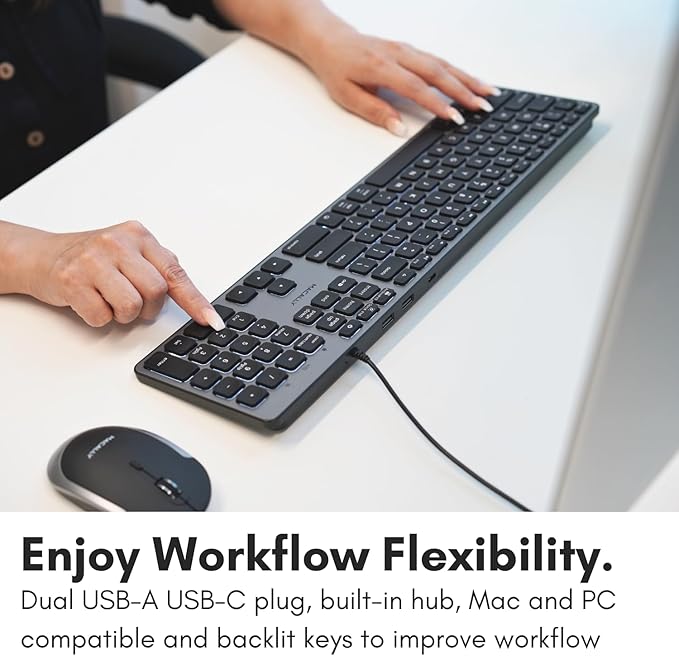 Macally Wired Keyboard for Mac with USB Hub (2X USB-A / 1x USB-C) - Compatible Backlit Apple Keyboard with Dual Interface - Auto OS Detection for Mac MacBook Pro/Air iMac PC Android iPad iOS