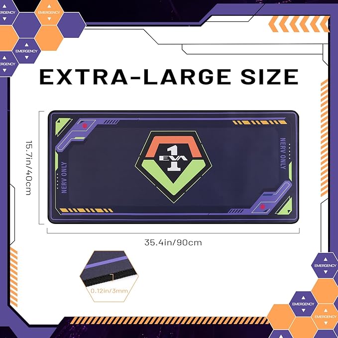 Gaming Mouse Pad 35.4x15.7 | Neon Genesis Evangelion - EVA Unit - 01 &amp NERV Iconic Design | Anti - Slip Base &amp Stitched Reinforced Edges for Gaming &amp Office