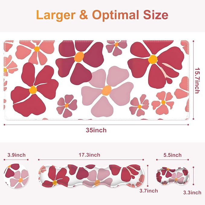 Desk Mat Gaming Mouse Pad Cute Desk Matt Keyboard Wrist Rest for Desktop Anti-Slip Mousepad w/Stitched Edges XXL Large Mouse Pad with Wrist Support for Desk Computer I Burgundy Lucky Flower