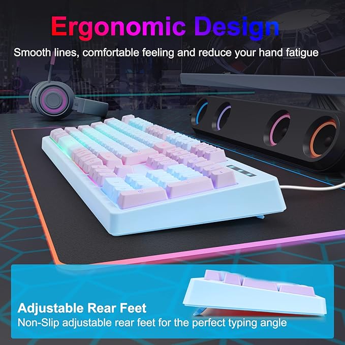 HUO JI Gaming Keyboard USB Wired with Rainbow LED Backlit Floating Keys Mechanical Feeling Spill Resistant Ergonomic for Xbox PS Series Desktop Computer PC Blue Purple