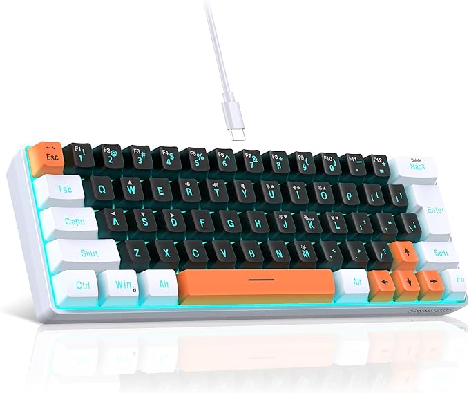 Snpurdiri 60 Percent Wired Gaming Keyboard 63 Keys RGB Backlit Small Gaming Keyboard for PC Gamer Typist Travel Easy to Carry on Business Trip(Black-White-Orange)