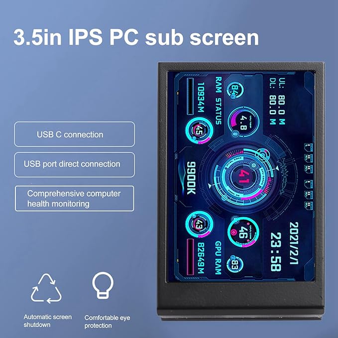 Yunseity Computer Temp Monitor AIDA64 PC CPU Hard Disk Real Time Data Monitor 3.5 Inch USB Mini Screen PC Sensor Panel Display with USB Type C Port (Black)