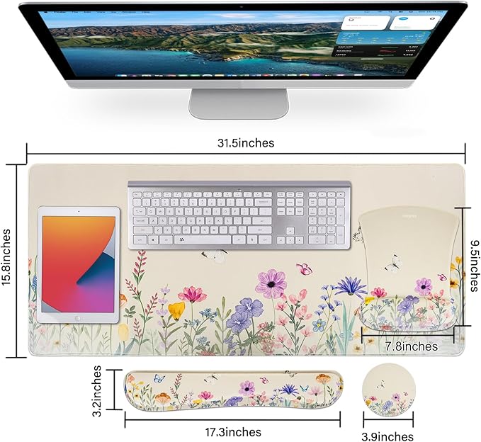 MEGREZ 4-in-1 Ergonomic Memory Foam Wrist Rest Set Desk Pad Mouse Pad with Wrist Rest Keyboard Pad Suitable for Office Workers Programmers &amp Gamers–Relieve Typing &amp Gaming Fatigue Light