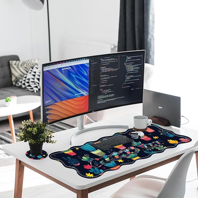 Large Gaming Mouse Pad Keyboard Wrist Rest Pad &amp Wrist Support Mousepad Set Stitched Edge Extended Non-Slip Base Memory Foam Desk Mat for Office HomeCute Cactus