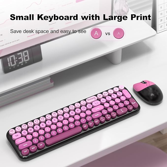 Wireless Keyboard and Mouse Combo MOWUX Compact Typewriter Retro Round Computer Keyboard Cute Optical Mouse Wireless Plug and Play for Laptop PC Computer- Black Pink Gradient