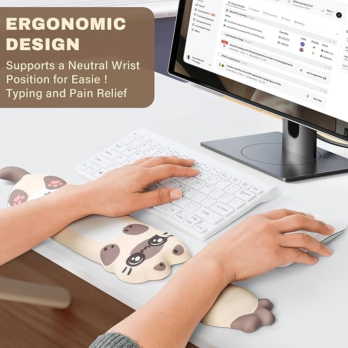 Keyboard Wrist Rest and Mouse Pad Set Wrist Rest for Keyboard and MouseWrist Support for KeyboardNon-Slip Base Memory Foam Wrist Pad for Gaming Home OfficePain Relief(Cute CatOff-White)