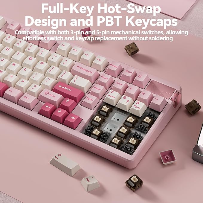 LEOBOG A98 Wireless Mechanical Keyboard Tri-Mode BT5.0/2.4GHz/USB-C Creamy Keyboard with Number Pad Gasket Structure Hot Swappable PBT Keycaps RGB Backlit Pink Gaming Keyboard with Knob for PC