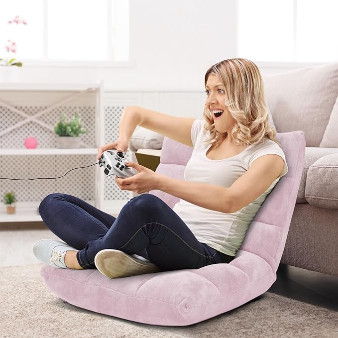 RELAX4LIFE Floor Chair with Back Support - 14-Position Adjustable Lazy Sofa Chair Padded Sleeper Bed &amp Couch Recliner for Reading Meditation Gaming Adults (Light Pink)