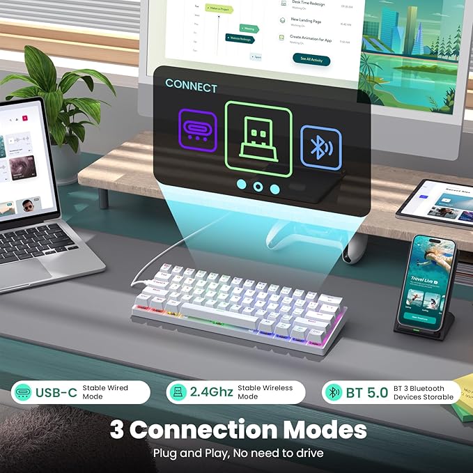 Pauroty 60% Wireless Creamy Keyboard Triple Mode 2.4G/USB-C/Bluetooth Gaming Keyboard RGB Backlit Linea Red Switches Creamy Sounding 61 Keys Rechargeable Mini Wireless MechanicalKeyboard