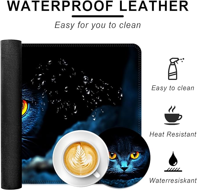 Large Keyboard Mouse Pad Set Extended Mouse Pad+Keyboard Wrist Rest Support Memory Foam Ergonomic Easy Typing 4Pcs (31.5×11.8 in) Desk Pad Set for Office HomeBlack Cat with Glowing Eyes