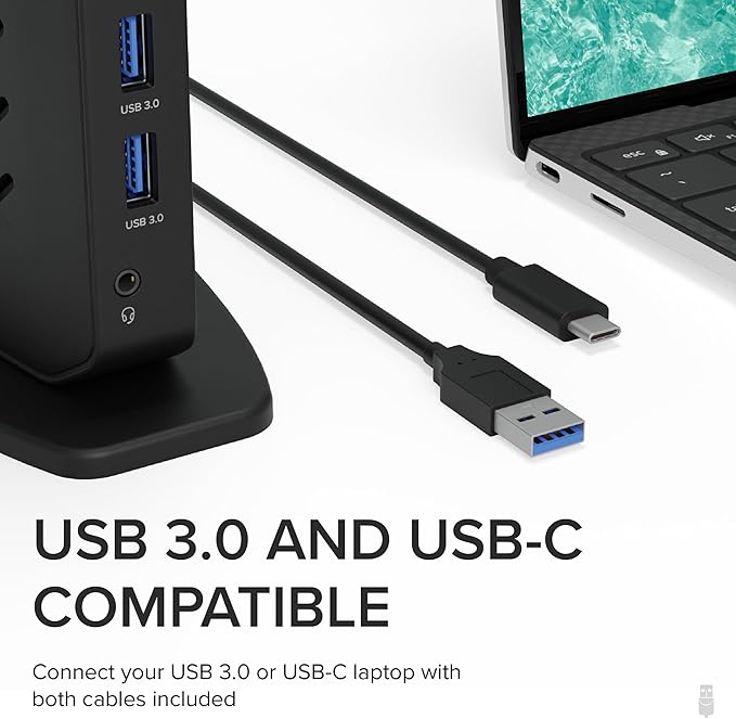 Plugable USB 3.0 and USB-C Universal Laptop Docking Station with 2 HDMI Ports for Windows Mac (Driver Required) and ChromeOS Gigabit Ethernet Audio