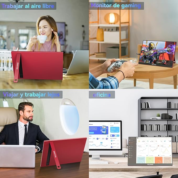 WUAWE 16 inch Portable Laptop Monitor 100% sRGB Portable Gaming Monitor with Built-in Stand HDR and Freensync External USB C Monitor for Laptop PC Phone Switch and PS5(Red)