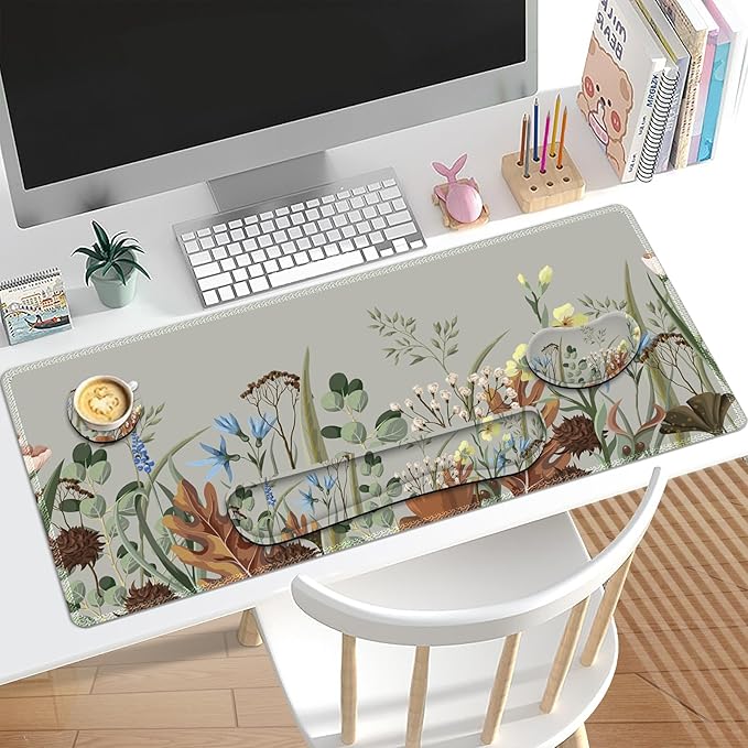 Keyboard Mouse Pad Set Extended Gaming Mouse Pad +Keyboard Wrist Support +Mouse Wrist Rest +Coaster 35.4x15.7 in XXL Large Ergonomic Desk Mat 4in1 Set for Home Office Plant Flowers