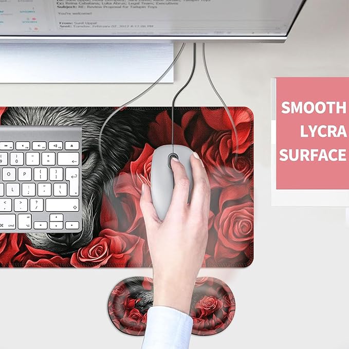 Mouse PadLarge Desk Mat Set 4in1 XL Mousepad + Keyboard Wrist Rest+Mouse Wrist Rest+Coaster with Ergonomic Desk Pad for Home Office Table Computer Cover -Wolf Among Red Roses