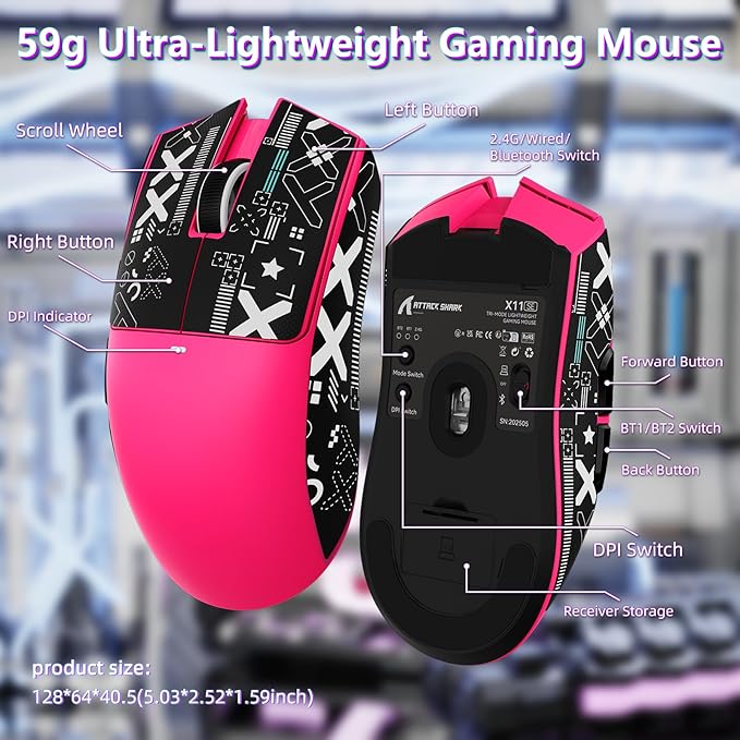MAMBASNAKE Attack Shark X11SE Lightweight Wireless Gaming Mouse Tri-Mode 2.4G/USB-C Wired/BT 22K DPI PAW3311 Optical Sensor 59g 5 Programmable Buttons 300mAh Battery for PC/Mac((Berry-Griptape)