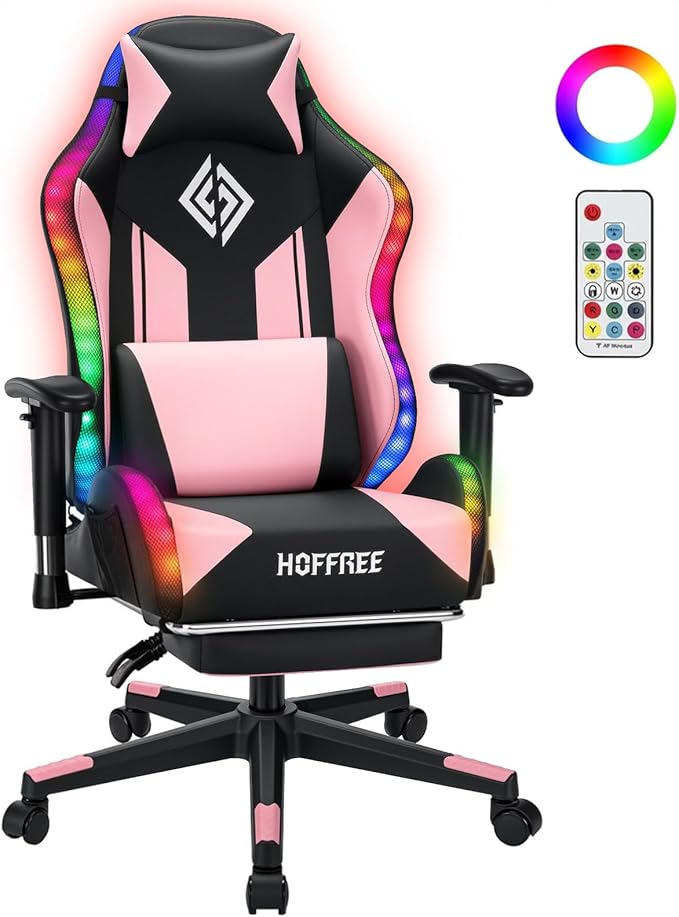 HOFFREE RGB LED Gaming Chair for Kids Reclining Gaming Chairs for Teens 8-15 Computer Chair with RGB Lights Kids PC Game Chair with Footrest and Lumbar Support Video Game Chairs Pink and Black