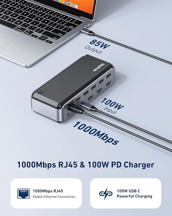 Raycue Triple Monitor USB C Docking Station - MacBook Pro Docking Station with Power Adapter for MacBook M1/M2/M3/Windows HDMI*3 RJ45 10Gbps USB*5 PD USB 3.0*2