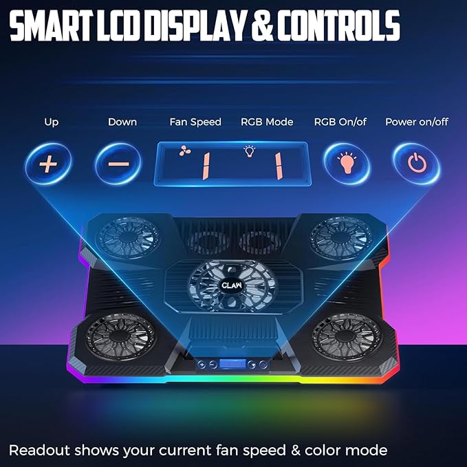 Storm Pro A21 Laptop Cooling Pad with 9 Fans (6×60mm + 4×85mm Up to 2400 RPM) RGB Lighting LCD Display Mobile Stand 9 Height Levels USB &amp Type-C Ports Fits Up to 17-Inch Laptops – Black