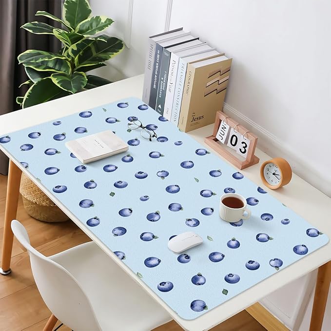 Cute Blueberry Blue Extended Gaming Keyboard Mouse Pad Non-Slip Leather Home Office Desk Mat Protector Laptop Desk Pad Writing Pad