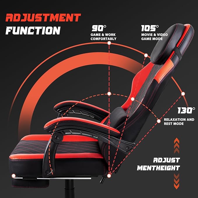 VITESSE Ergonomic Video Gaming Chair for Adults 400 lbs PC Computer Chair Racing Office Chair Silla Gamer Height Adjustable Swivel Chair with Lumbar Vibration Support and Headrest（Red）