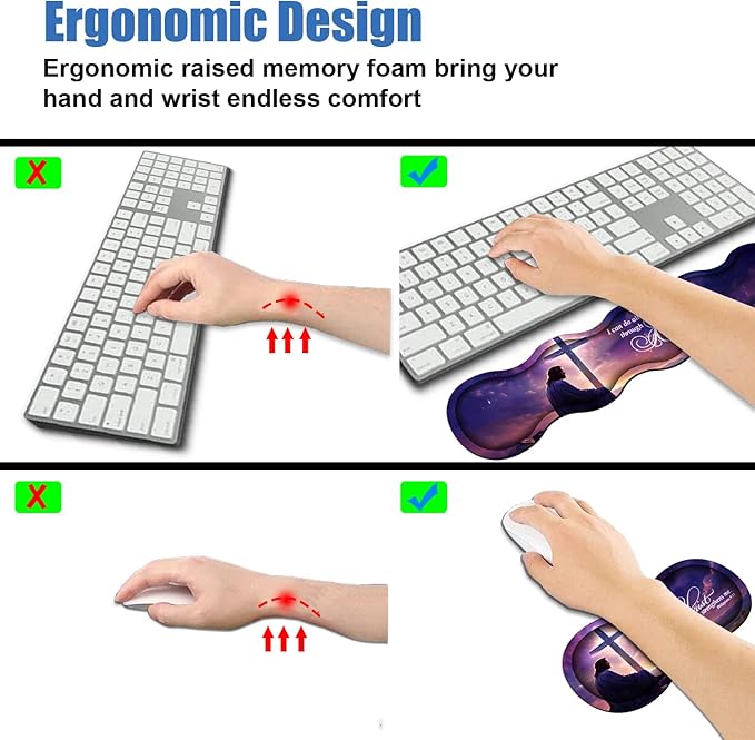 4 in 1 Ergonomic Memory Foam Mouse Pad Wrist Rest Set Large XXL Gaming Desk Pad + Keyboard Wrist Rest + Mouse Wrist Cushion + Coaster for Home Office Study Gaming Bible Verse Philippians 4:13