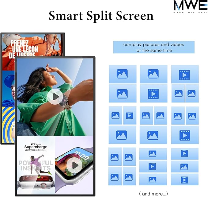 MWE 21.5 inch Wall Mount Digital Signage FHD Touchscreen Monitor Android 14 Multi-Touch Screen Smart Split Commercial Advertising Display Time Switch CMS Management HD-MI/ USB/ WiFi/ for Windows