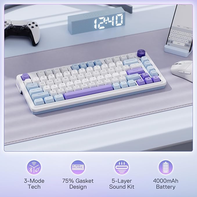 Redragon K673 MAX 75% Wireless Gasket RGB Gaming Keyboard 3-Modes 81 Keys PBT Compact Mechanical Keyboard w/Hot-Swap Socket Dedicated Knob Control &amp 5-Layer Noise Dampening Custom Linear Switch