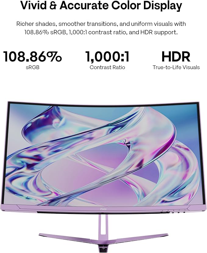 Pixio Two PXC248WAVE Purple 24 inch 200Hz Refresh Rate FHD 1080p Resolution 1500R Curve Fast VA Panel 1ms GTG Response Time HDR Curved Gaming Monitor and PS1D Wave Purple Dual Monitor Arm