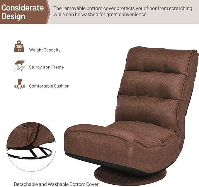 Giantex 360 Degree Swivel Gaming Chair 6 Position Adjustable Folding Floor Chair 300lb Spring Support Comfortable Padded Backrest Lazy Sofa Chair Game Rocker for Teens Adults (Coffee)