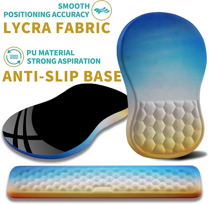 Hokafenle 2 in 1 Ergonomic Mouse Pad Wrist Support &amp Wrist Rest for Computer Keyboard Set with Relieve Carpal Tunnel Pain Massage Bulge and Full Memory Gel Design (2In1 Set Morning Sky)