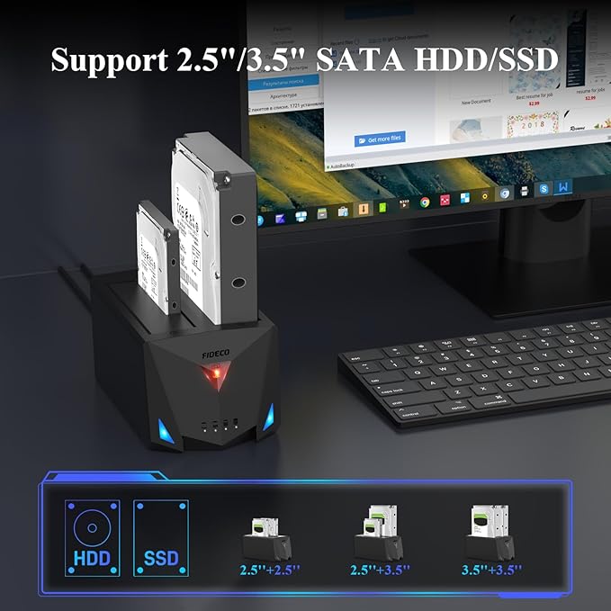 FIDECO USB 3.2 Gen 1 to Hard Drive Docking Station Hard Drive Dock for 2.5 or 3.5 inch SATA I/II/III HDD SSD with Hard Drive Duplicator/Offline Clone Function and 2 USB Cables Support UASP