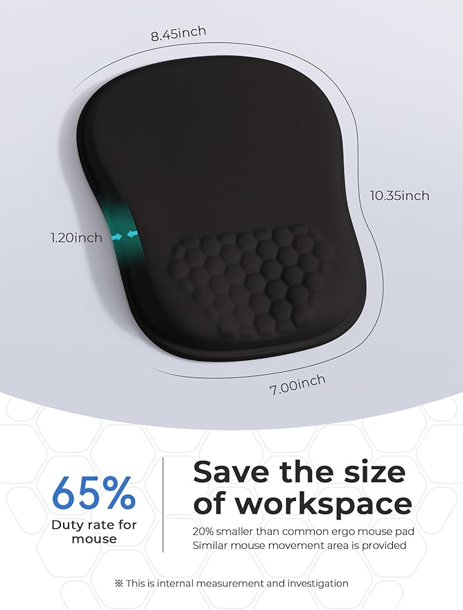 Minimalist Black Ergonomic Mouse Pad for Carpal Tunnel Pain Relief 65% Usable Mouse Area in Compact Size Memory Foam Concave Wrist Rest for Office PC Gaming