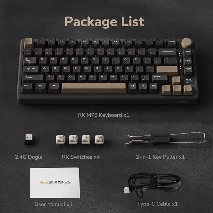 RK ROYAL KLUDGE M75 Wireless Mechanical Keyboard 2.4Ghz/BT5.1/USB-C Gaming Keyboard 75% Layout 81 Keys Gasket Mount with OLED Display &amp Knob RGB Backlight Hot-Swappable Light Switch Grey