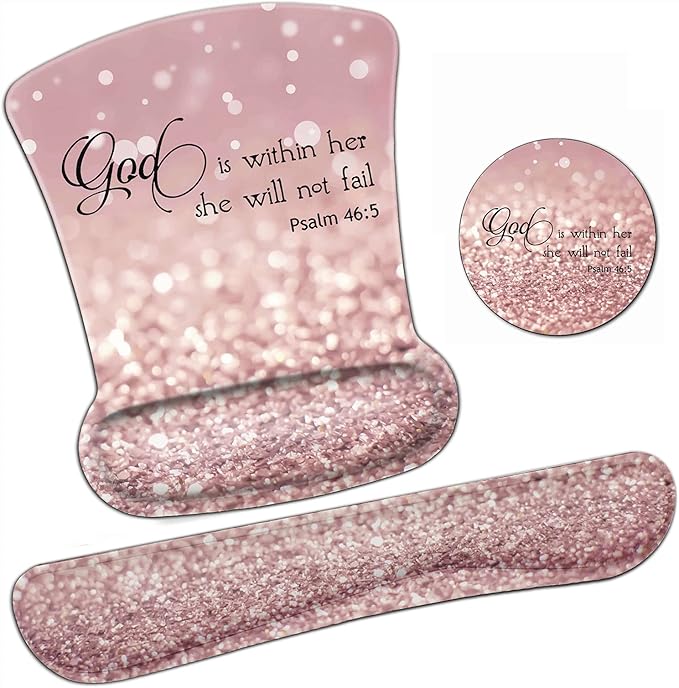 Ergonomic Mouse Pad Wrist Support Gel and Keyboard Wrist Rest Set Psalm 46:5 God is Within Her She Will Not Fall Design for Laptop Gaming and OfficeComfortable and Pain Relief + Coaster