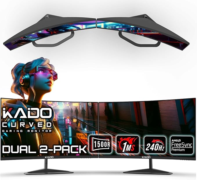 Kado 25 Class Dual Gaming Monitor Setup - 2-Pack 24.5 Curved 1500R 240Hz 1ms 1920x1080 Computer Monitor Parallel Gaming AMD FreeSync Premium Panoramic VESA Mount HDMI DisplayPort Built-in Speakers