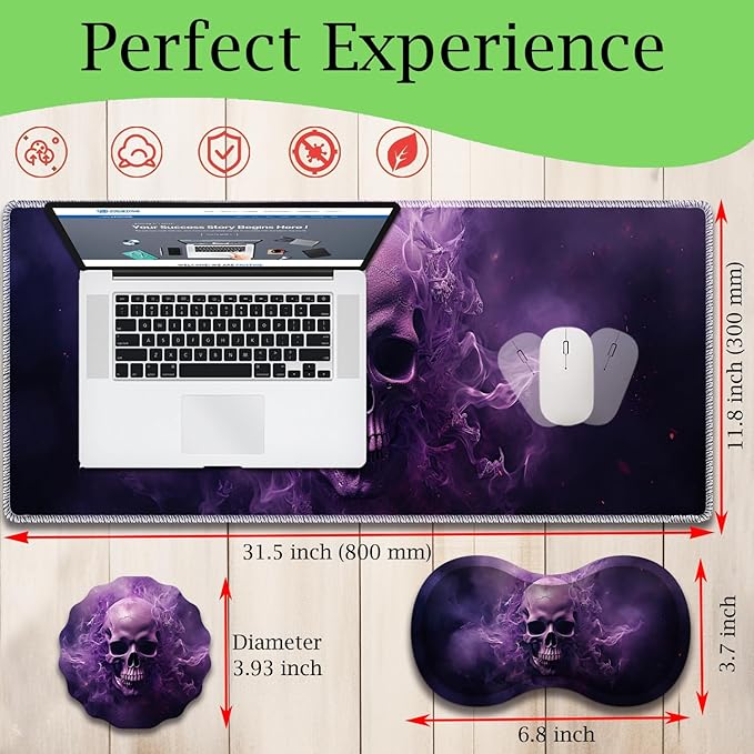 Mouse Pad Set Large Gaming Mouse Pad (31.5X 11.8 inches)+ Wrist Rest Pad + Coaster Ergonomic Wrist pad Home Office Desk Accessories Decor Supplies Smoke Skull