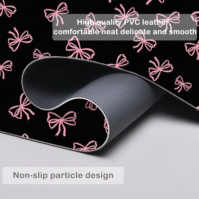 Cute Pink Bow Black Extended Gaming Keyboard Mouse Pad Non-Slip Leather Home Office Desk Mat Protector Laptop Desk Pad Writing Pad