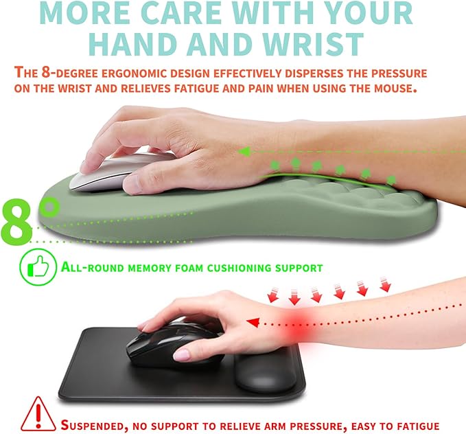 Ergonomic Mouse Pad Wrist Support with Memory Foam Massage Bulge Carpal Tunnel Pain Relief Mousepad Wrist Rest for Mouse(12x8 inch Light Green)