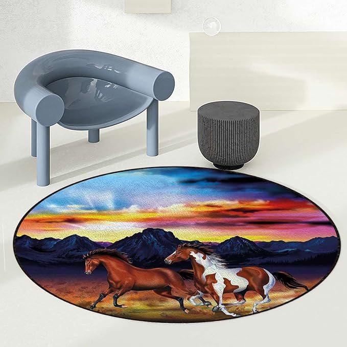 MulticolorRound Office Chair Mats Home Rolling Gaming Chair Mat Running Wild Horses at Sunset Rustic Landscape Round Chair Cushion for Office and Home Decoration Chair Cushion Diameter 43.3 in