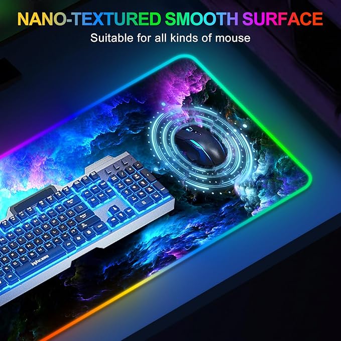 ARTSO RGB Gaming Mouse Pad Large Extended LED Mouse Mat XXL 35.4x15.7 inch 14 Lighting Modes 2 Brightness Non-Slip Rubber Base Mousepad Waterproof Keyboard MatFantasy Nebula Sky