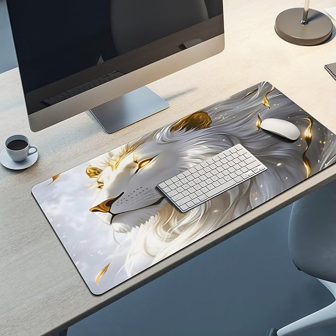 White Male Lion Desk Mat Desk Pad Large Mouse Pad Anti-Slip Big Mousepad with Stitched Edges Computer Mouse Pads for Gaming Home Office Work 16x36