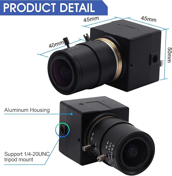 4K Wide Angle Varifocal Zoom Lens Webcam Ultra HD 2160P 30fps Plug and Play USB Computer Camera for Windows/Linux/Raspberry Pi/Mac