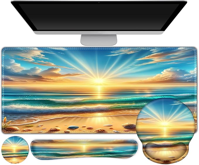Gaming Mouse Pad Large Desk Mat Cute Desk Pad Protector 4in1 XXL Mousepad + Keyboard Wrist Rest+Mouse Wrist Rest+Coaster Set with Ergonomic Desk Pad for Home Office Computer Beach Sun Shell