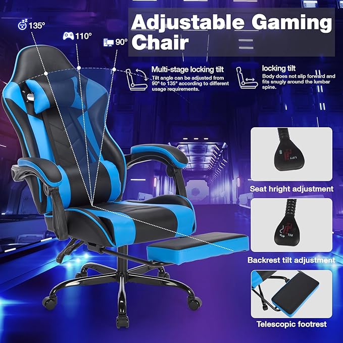 Leather Ergonomic Gaming Chair with Footrest Comfy Blue Gaming Chair with Comfortable Headrest &amp Lumbar Support for Adults Women Men Boys Kids 300 LBS Capacity (Black+Blue)