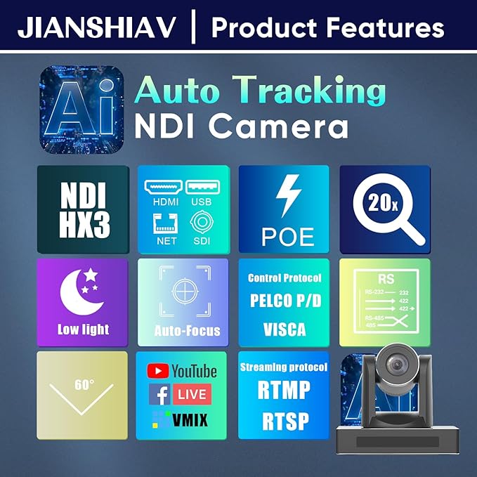 4K 30fps NDI PTZ Camera AI Auto-Tracking 12/20x Optical Zoom True to Life Colors POE HDMIUSBSDIIP Camera for Church Services Worship Education VMiX OBS (JS820USH4K (JS820USH4K NDI)