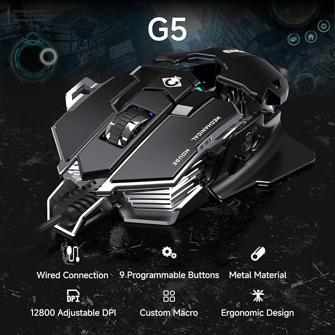 EWEADN G5 Wired Gaming Mouse Ergonomic RGB Computer Mouse 12800 Adjustable DPI 9 Programmable Macro Buttons with Rapid Fire Key Compatible for PC/Laptop/Windows-Black&ampWhite