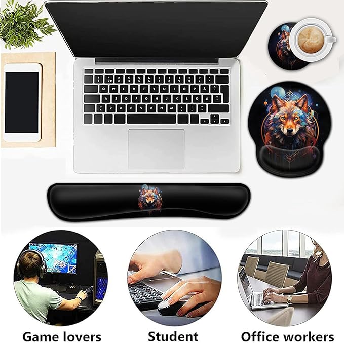 Ergonomic Gaming Mouse Pad Wrist Support and Memory Foam Keyboard Wrist Rest with Anti-Slip Base for Home Office Computer Desk Pad Gel Black Mouse Pad Easy Typing Cool Nebula Wolf Anime Desk Mat