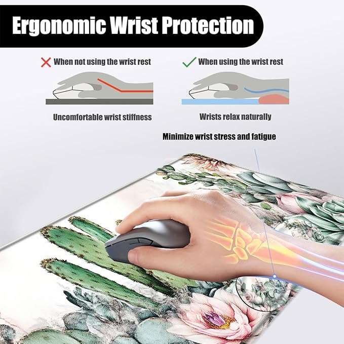 Mouse PadLarge Desk Mat Set 4in1 XL Mousepad + Keyboard Wrist Rest+Mouse Wrist Rest+Coaster with Ergonomic Desk Pad for Home Office Table Computer Cover -Cacti Succulents with Flowers